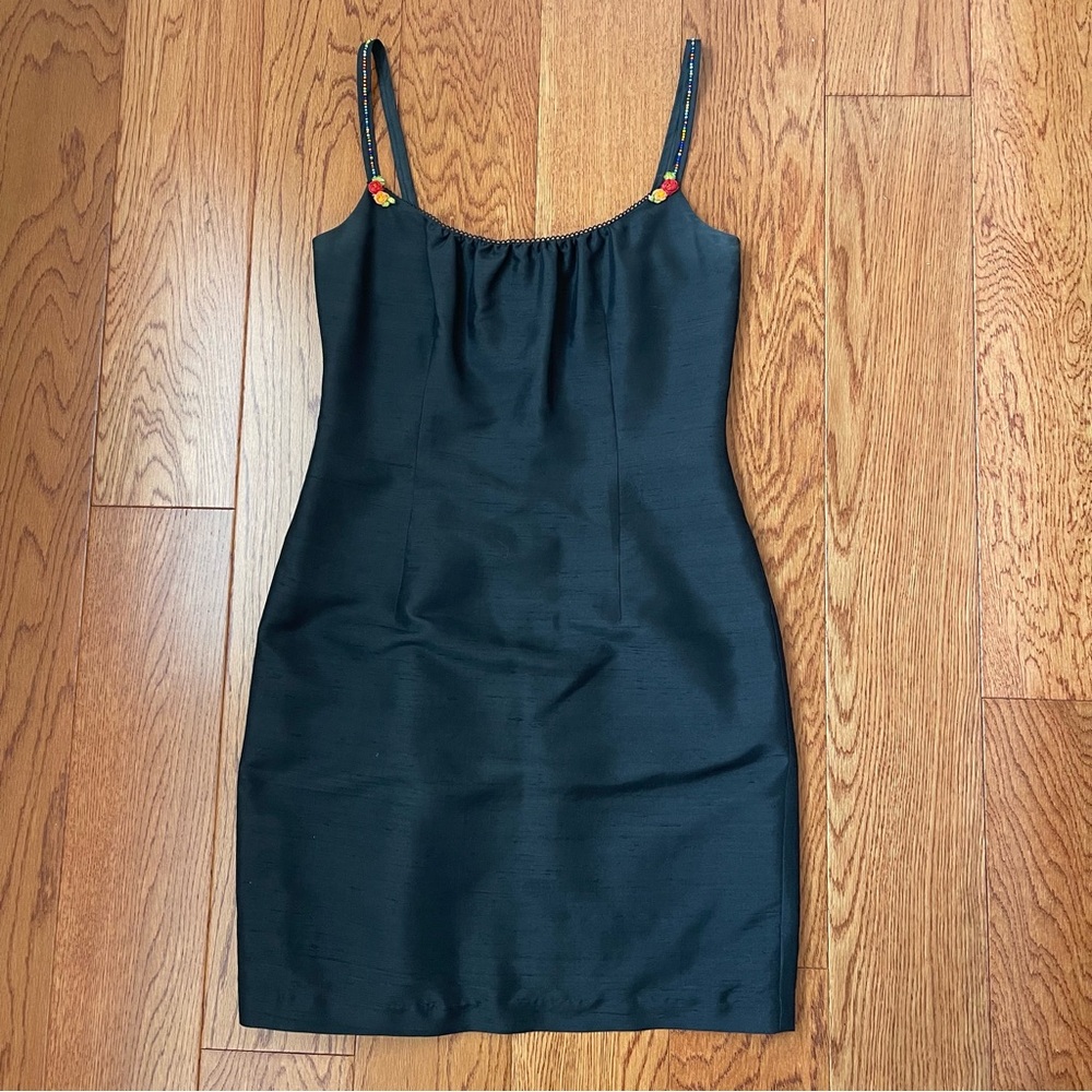 Black, Silk, Lined sleeveless dress with matching cropped, 3/4 sleeve sweater.